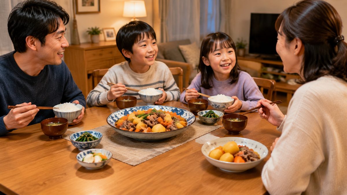 家族の食卓。母親の前だけ、ご飯のかわりにじゃがいもを多めに（イメージ）