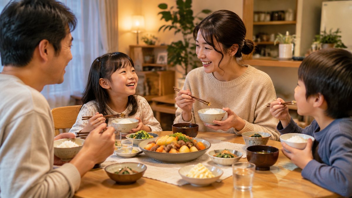 家族と同じおかずを笑顔で食べる母親(イメージ)