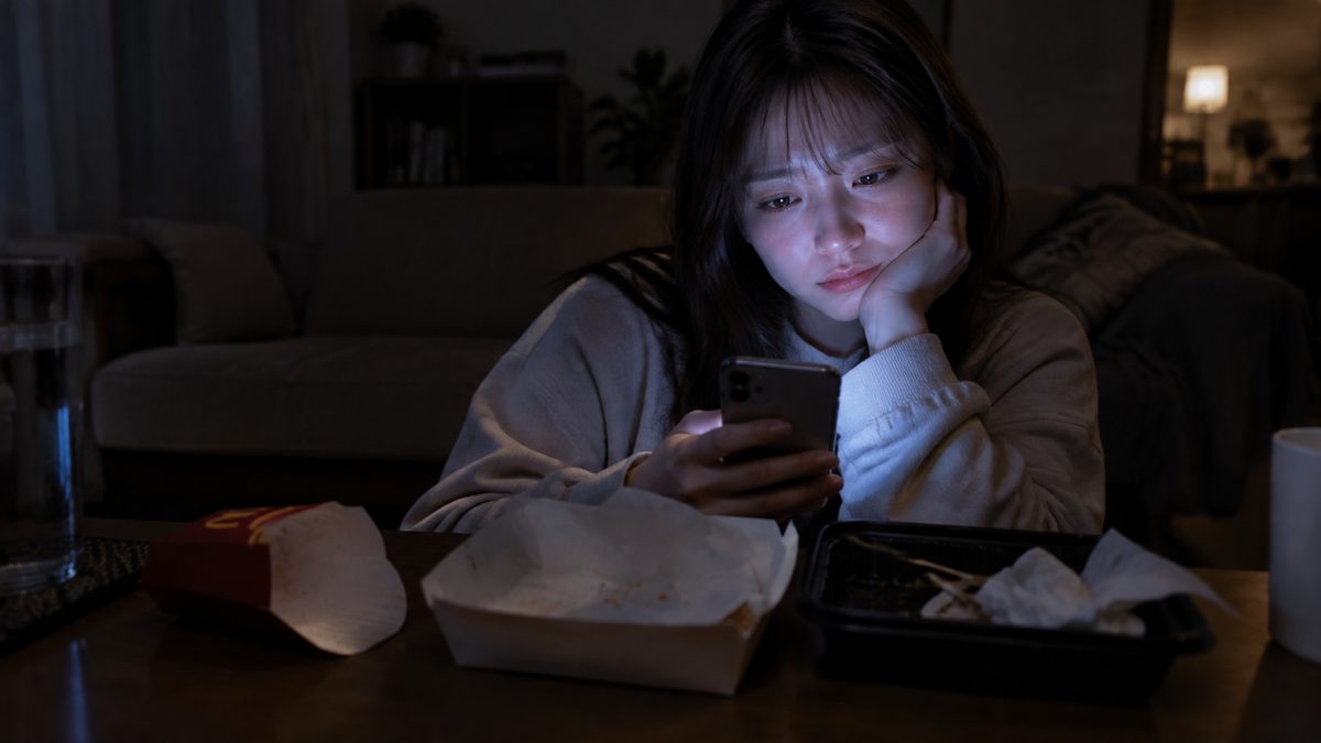 夜、フライドポテトの箱を前に落ち込む女性（イメージ）