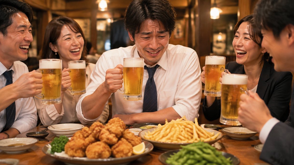 仕事帰りの飲み会。唐揚げとフライドポテトを前に、苦笑いで乾杯する会社員(イメージ)