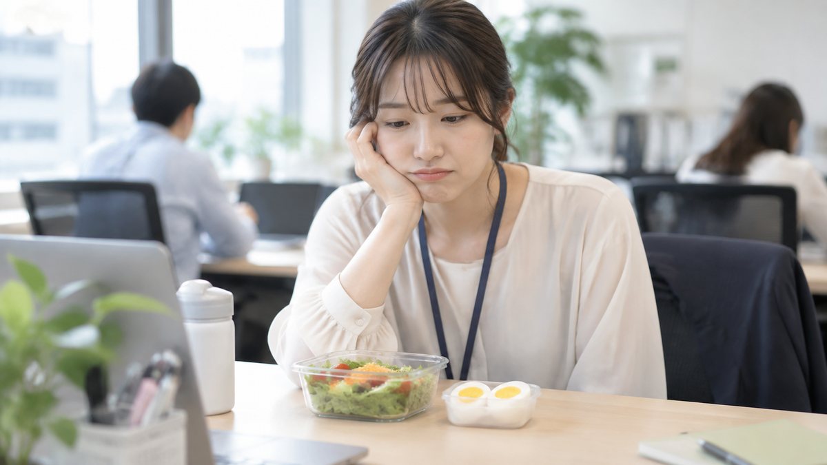 お昼をサラダとゆで卵だけにして、物足りなさそうな女性(イメージ)