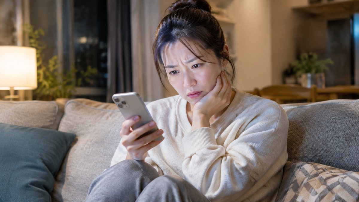 スマートフォンのダイエット情報に迷う女性(イメージ)